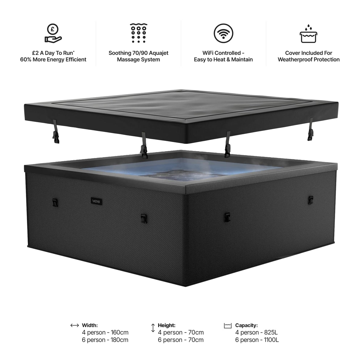 Wave Garda 4 Person Eco Foam Hot Tub | Portable Outdoor Spa with Integrated Heater, 40°C Rapid Heating & WiFi App Control | 70 BubbleJet Massage, FrostFree | Charcoal Black | EnergySave Bundle