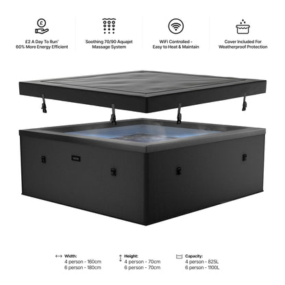 Wave Garda 4 Person Eco Foam Hot Tub | Portable Outdoor Spa with Integrated Heater, 40°C Rapid Heating & WiFi App Control | 70 BubbleJet Massage, FrostFree | Charcoal Black | EnergySave Bundle
