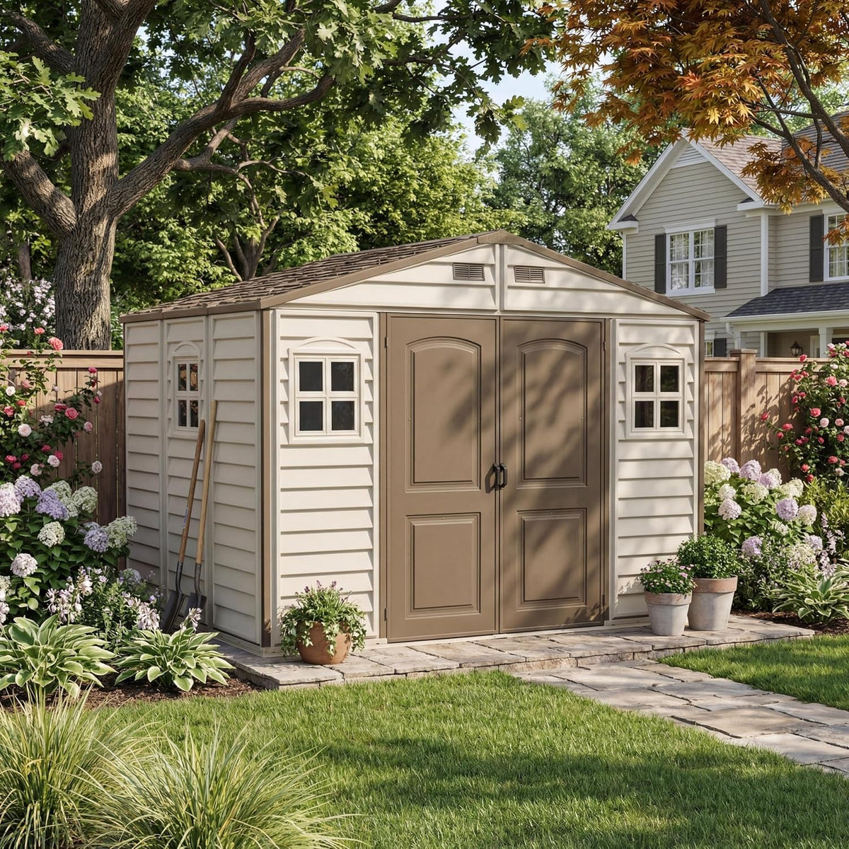 Woodside 10 X 8 (8.02 M2) Plastic Garden Shed with 3 Fixed Windows & Metal Foundation Kit, Strong Metal Roof Structure Fire Retardant and Maintenance-Free Storage Shed - Ivory/Brown
