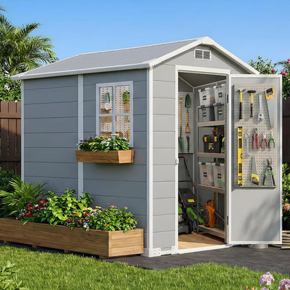 4×6 FT Plastic Shed with Floor, Garden Shed with Window