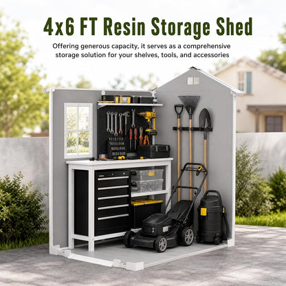4X6Ft Plastic Shed with Floor& Easy Ramp, Waterproof,Resin Storage