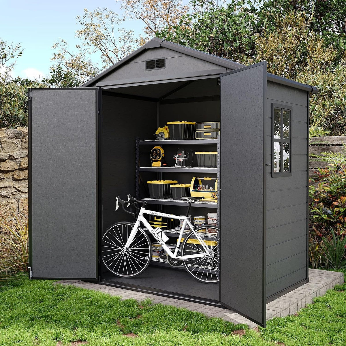 6X4 FT Plastic Garden Shed with Floor & Window, All-Weather Garden Resin Shed Waterproof Outdoor Storage Shed with Vents, Roof Drainage, Zero Maintenance for Backyard, Bike-Black