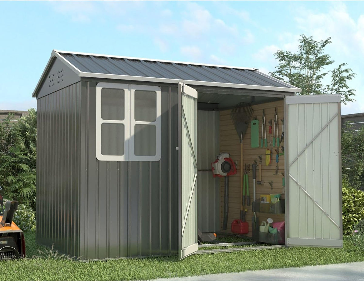 Garden Shed Steel Apex Roof House Outdoor Backyard Storage with Lockable Double Doors Window Free Foundation Tool Equipment Organizer Air Vents 8X6Ft Grey