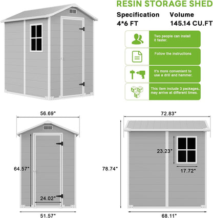 4×6 FT Plastic Shed with Floor, Garden Shed with Window