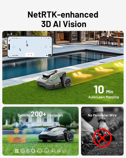 YUKA Mini 700 Robot Lawn Mower, Perimeter Wire Free, Recommended for 700 M², Maximum 1100 M², 3D AI Vision, 45% Slope Capability, Automatic Mapping