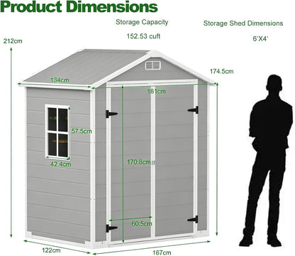 3X5 4X6 6X4 6X6Ft Outdoor Resin Storage Shed with Heavy-Duty Floor, Waterproof Plastic Garden Shed Storage with Window, Lockable Door for Tools, Bike UV Protection (6X4Ft)