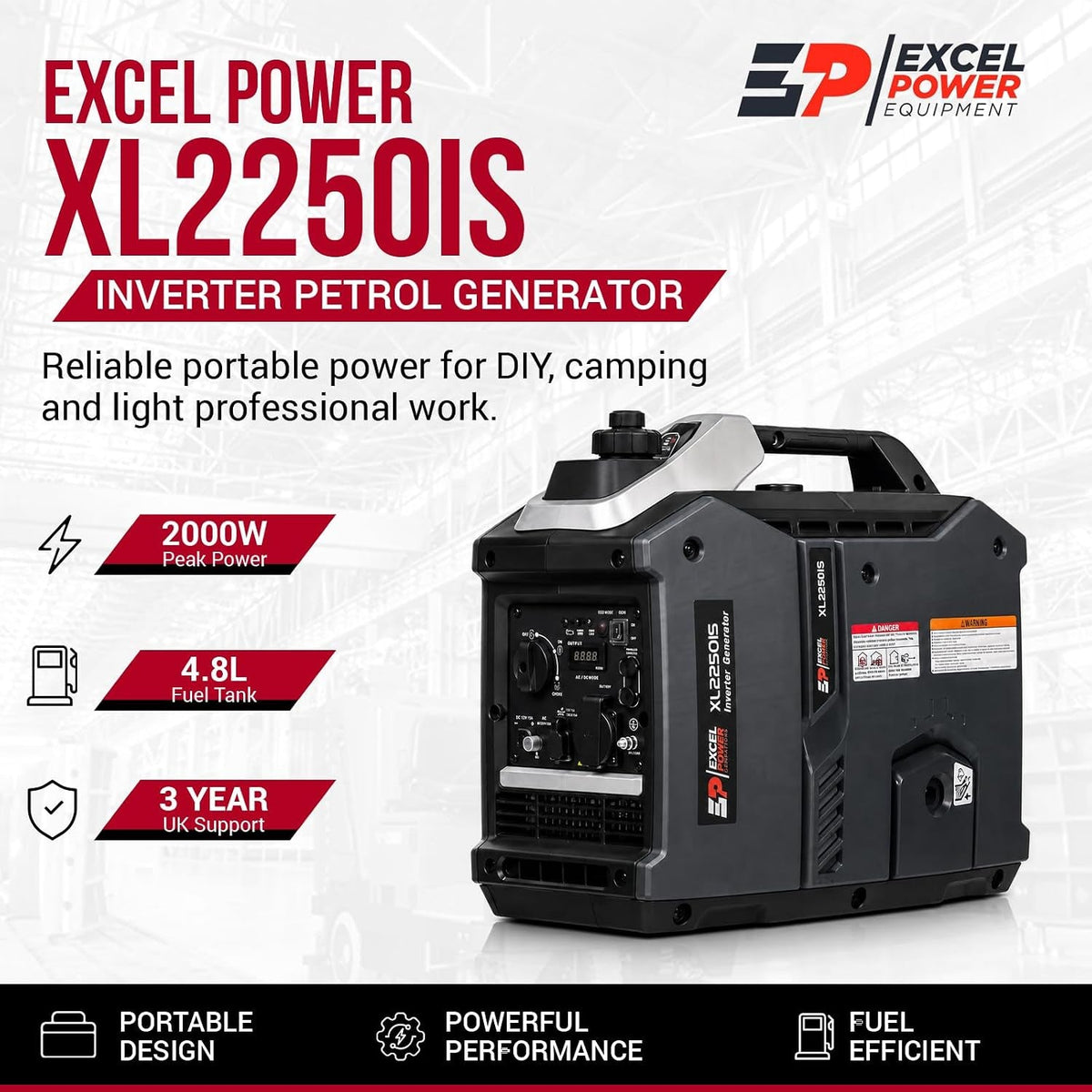 Excel Power Xl2250Is Inverter Petrol Generator - 2000W Peak 1800W Rated with 4.8L Fuel Tank | Quiet Portable Power Supply for Camping, Caravan, Motorhome, Outdoor Adventures & Home Backup