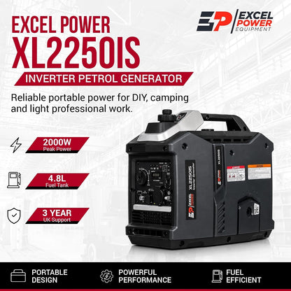 Excel Power Xl2250Is Inverter Petrol Generator - 2000W Peak 1800W Rated with 4.8L Fuel Tank | Quiet Portable Power Supply for Camping, Caravan, Motorhome, Outdoor Adventures & Home Backup
