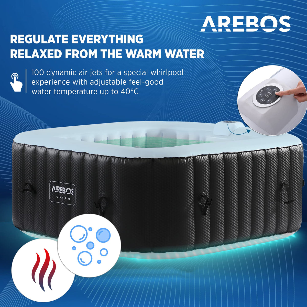 Arebos Inflatable Hot Tub | Indoor & Outdoor Spa Pool | 154 x 154 cm | with LED lighting | square |4 persons | 100 massage jets | with heating | 600 L | Incl. cover | Bubble Spa & Wellness Massage