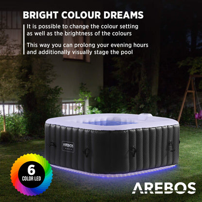 Arebos Inflatable Hot Tub | Indoor & Outdoor Spa Pool | 154 x 154 cm | with LED lighting | square |4 persons | 100 massage jets | with heating | 600 L | Incl. cover | Bubble Spa & Wellness Massage