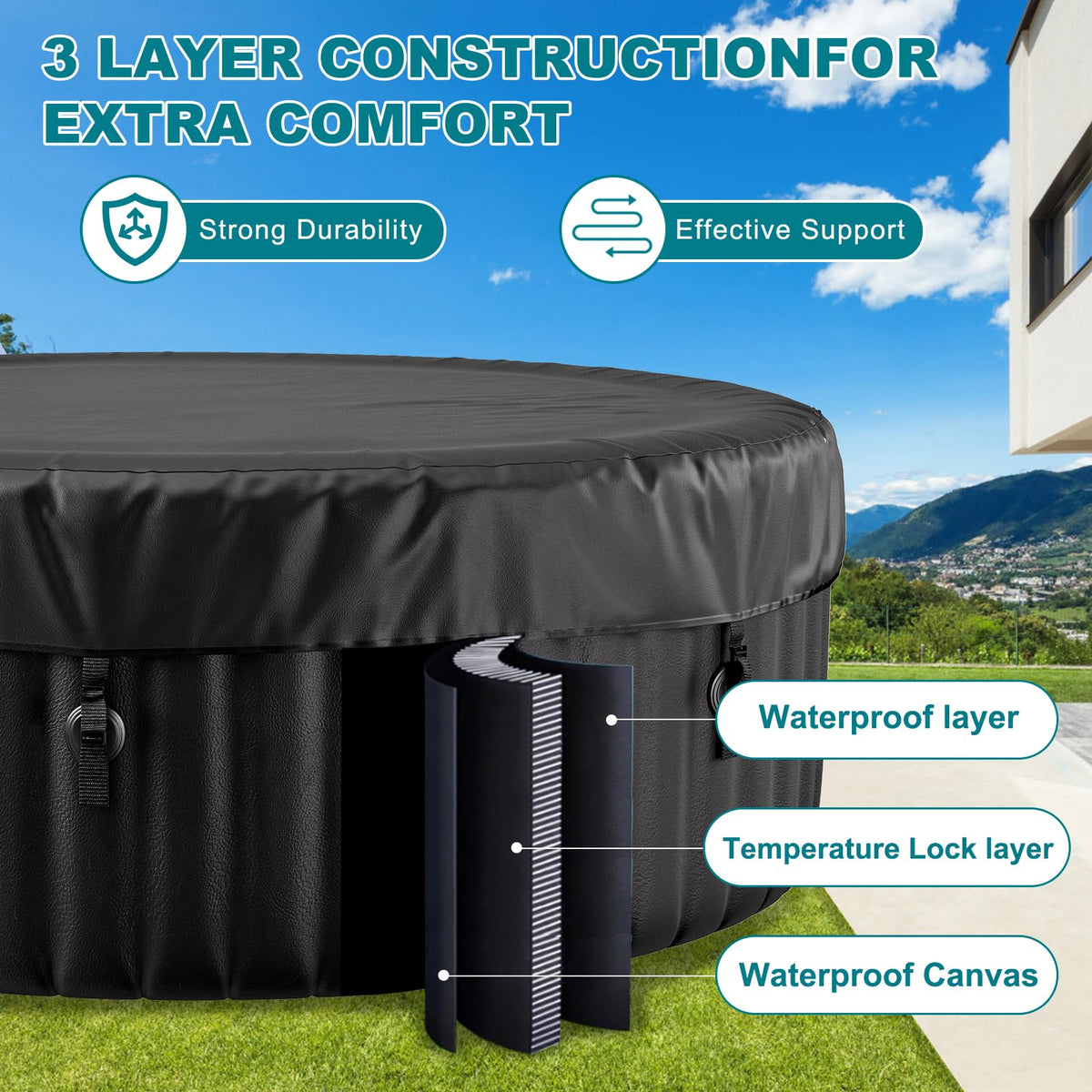 2-4 Person Inflatable Hot Tub with Colour-Changing LED Lights | Large Round Portable Spa with 120 Bubble Jets | Includes Heater Pump, Filter & Insulated Cover | 180L x 180W x 63H cm