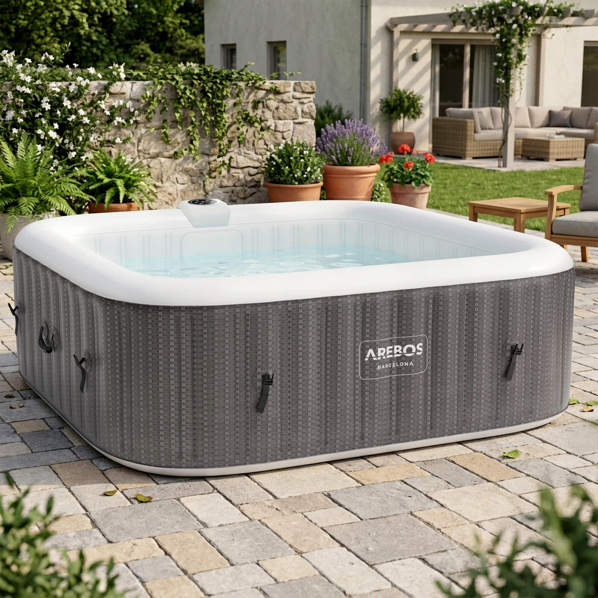 Arebos Spa Whirlpool 2400W | Indoor/outdoor pool | for 6 people, 185x185cm | 130 massage jets | 910 L with heating | Inflates at the touch of a button | Includes cover | Bubble spa & wellness massage
