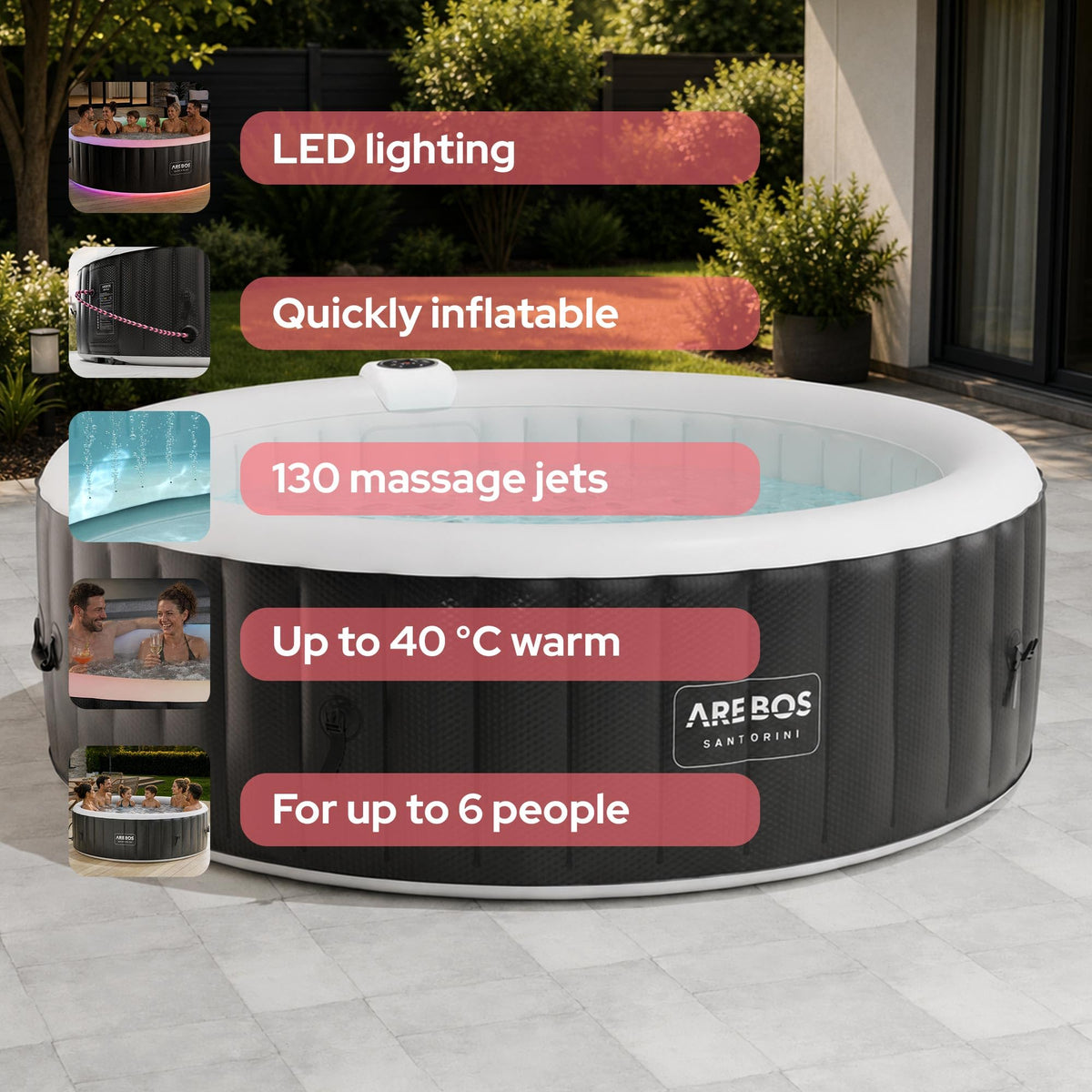 Arebos Hot Tub | Self-inflating | Indoor & Outdoor | 6 people | ⌀ 208 cm | LED light strip | 130 massage jets | 1000 liters | Includes cover | Bubble Spa & Wellness Massage
