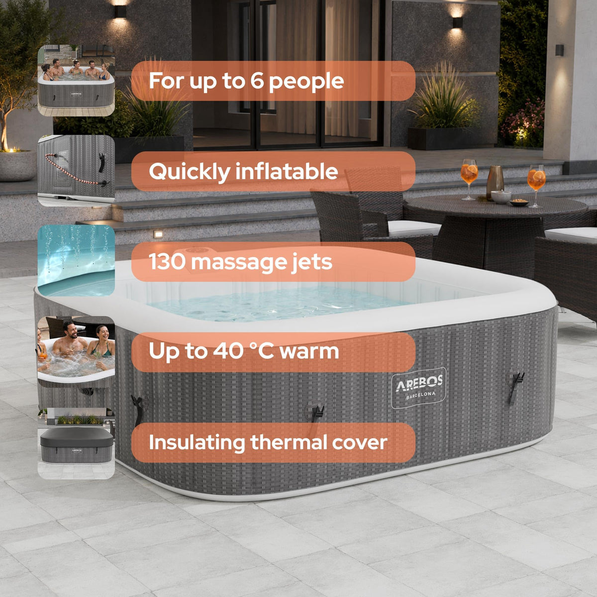 Arebos Spa Whirlpool 2400W | Indoor/outdoor pool | for 6 people, 185x185cm | 130 massage jets | 910 L with heating | Inflates at the touch of a button | Includes cover | Bubble spa & wellness massage