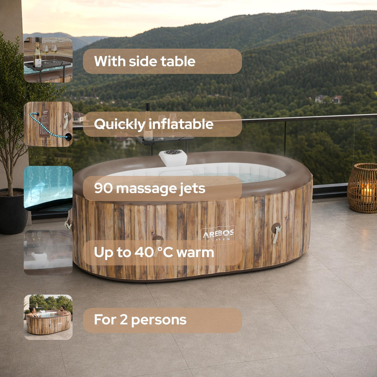 Arebos Inflatable Hot Tub | Indoor & Outdoor Spa Pool| 190x120 cm oval | 2 persons | 90 massage jets | with heating | 550 liters | Incl. cover | Bubble Spa & Wellness Massage