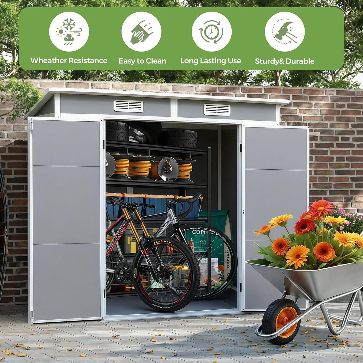 Plastic Garden Storage Shed Outdoor Storage Includes Plastic Floor, Strong Structure House Tool Shed (8X4F Pent Roof)