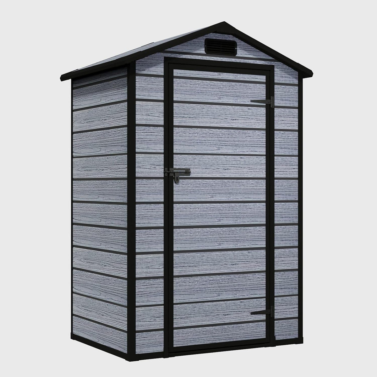 4X3FT Plastic Garden Shed with Floor Apex Roof Wood Grain Effect Fade Free All Weather Resistant Lockable Door Outdoor Storage Box Air Vent&Window Garden Tool Shed Low Maintenance Grey