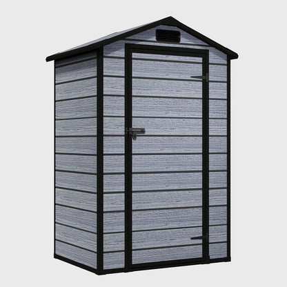 4X3FT Plastic Garden Shed with Floor Apex Roof Wood Grain Effect Fade Free All Weather Resistant Lockable Door Outdoor Storage Box Air Vent&Window Garden Tool Shed Low Maintenance Grey