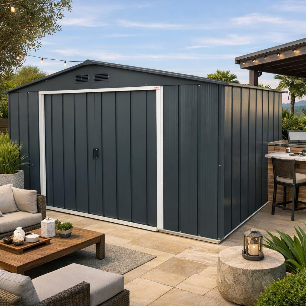 ECO 10 X 8 (7.80 M2) Metal Garden Storage Shed, Hot-Dipped Galvanized Metal Shed, Tool Storage Shed, Strong Reinforced Roof Structure, Maintenance-Free Metal Shed, Anthracite