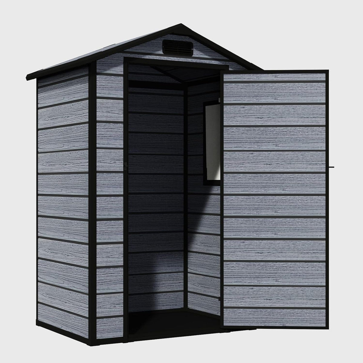 4X3FT Plastic Garden Shed with Floor Apex Roof Wood Grain Effect Fade Free All Weather Resistant Lockable Door Outdoor Storage Box Air Vent&Window Garden Tool Shed Low Maintenance Grey