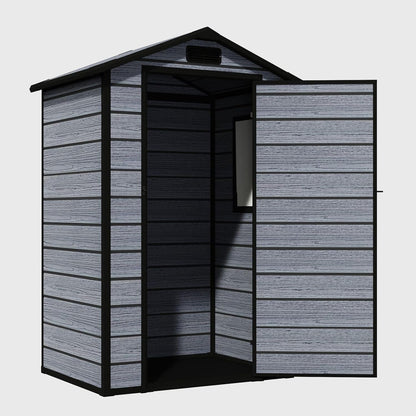 4X3FT Plastic Garden Shed with Floor Apex Roof Wood Grain Effect Fade Free All Weather Resistant Lockable Door Outdoor Storage Box Air Vent&Window Garden Tool Shed Low Maintenance Grey
