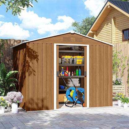 7.7 X 5.6Ft Metal Garden Shed with Vents Brown Wood Effect