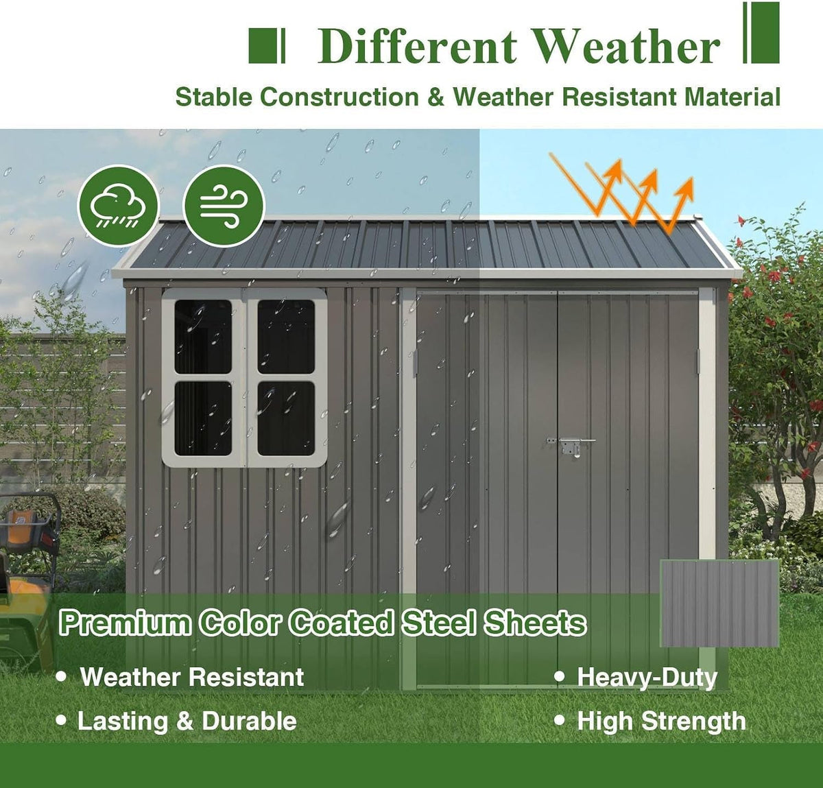 Garden Shed Steel Apex Roof House Outdoor Backyard Storage with Lockable Double Doors Window Free Foundation Tool Equipment Organizer Air Vents 8X6Ft Grey