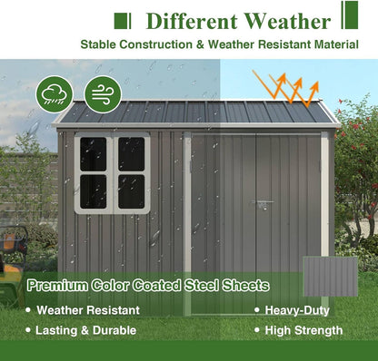 Garden Shed Steel Apex Roof House Outdoor Backyard Storage with Lockable Double Doors Window Free Foundation Tool Equipment Organizer Air Vents 8X6Ft Grey