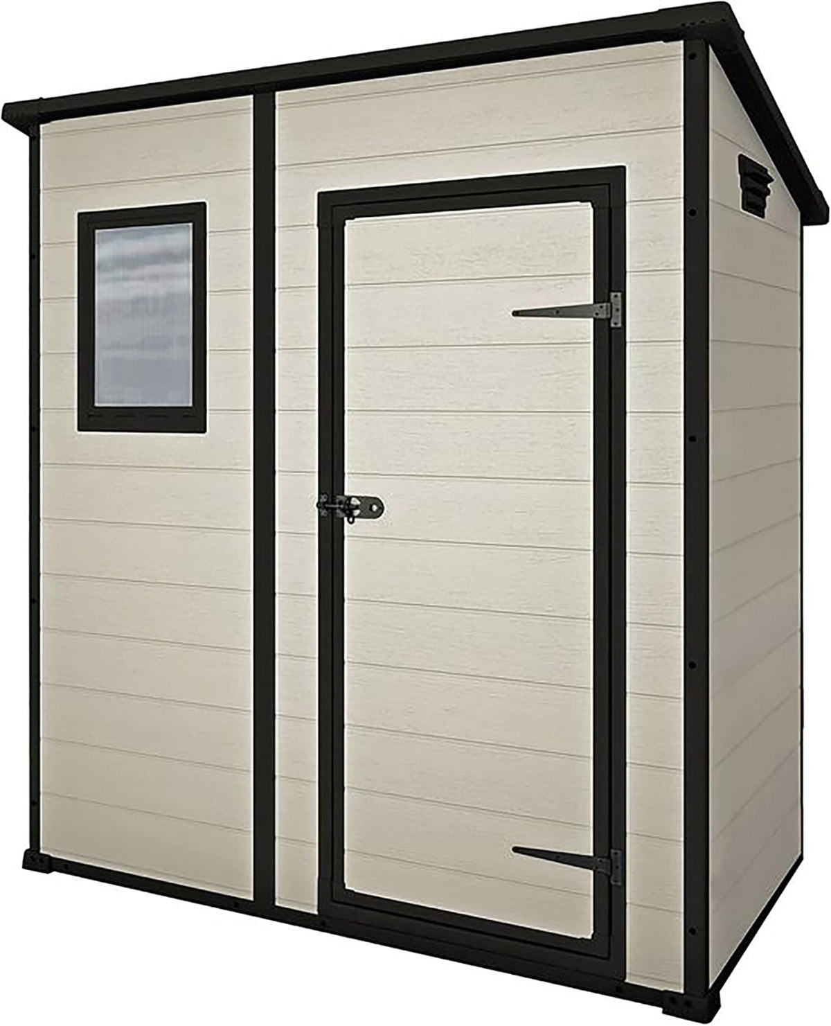 Manor Outdoor Pent Single Door Garden Storage Shed 6 X 4Ft Beige Brown Wood Effect Fade Free All Weather Resistant Safe and Secure Zero Maintenance 15 Year Warranty