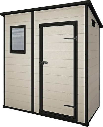Manor Outdoor Pent Single Door Garden Storage Shed 6 X 4Ft Beige Brown Wood Effect Fade Free All Weather Resistant Safe and Secure Zero Maintenance 15 Year Warranty