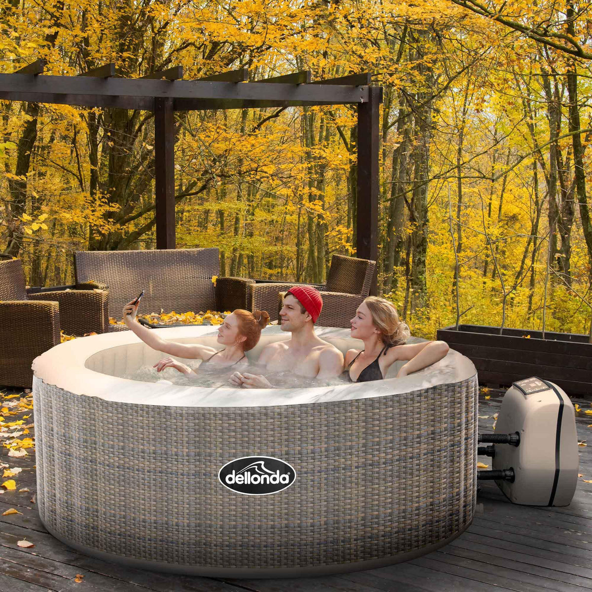 Dellonda 2-4 Person Inflatable Hot Tub Spa with Smart Pump - Rattan Effect - DL90