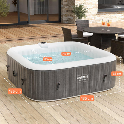 Arebos Spa Whirlpool 2400W | Indoor/outdoor pool | for 6 people, 185x185cm | 130 massage jets | 910 L with heating | Inflates at the touch of a button | Includes cover | Bubble spa & wellness massage