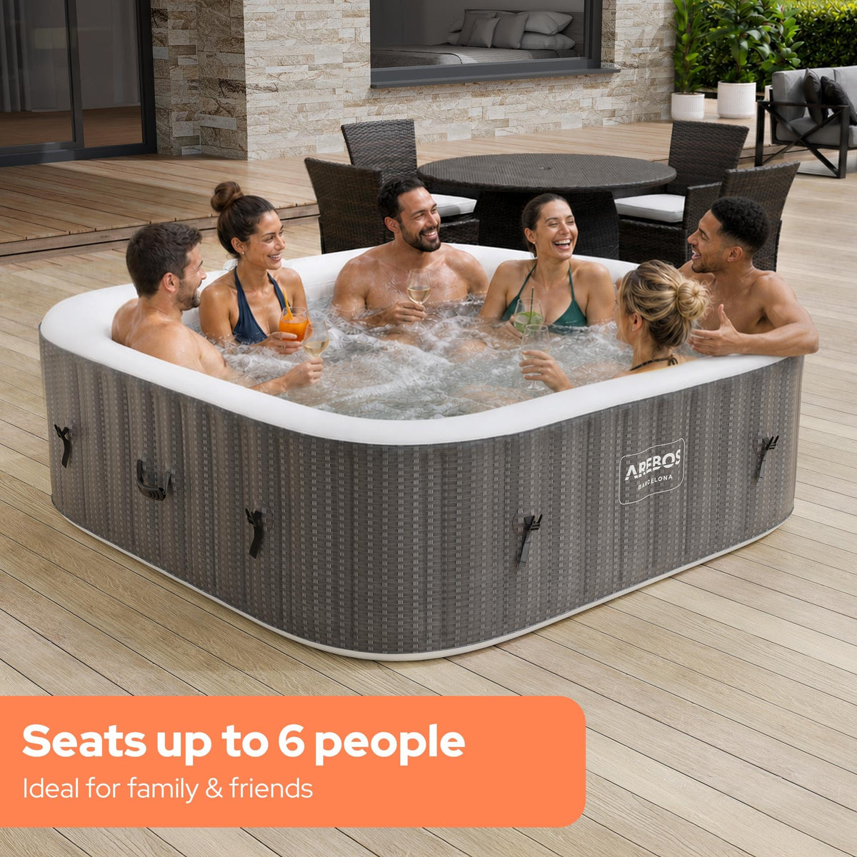 Arebos Spa Whirlpool 2400W | Indoor/outdoor pool | for 6 people, 185x185cm | 130 massage jets | 910 L with heating | Inflates at the touch of a button | Includes cover | Bubble spa & wellness massage