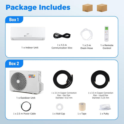 9000 BTU Air Conditioner Wall Split, 5 in 1 Air Cooler Heater Dehumidifier Air Purifier Fan with Heat Pump & Remote Control, A++ Efficiency, Inverter, Installation Kit Included