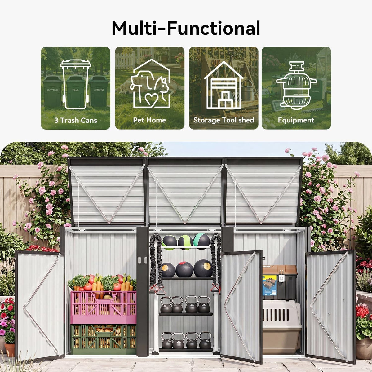 3 Wheelie Bin Storage, Outdoor Bin Storage Shed for 3 Bins up to 240L, Galvanized Steel Bin Store with Chain Lid & Reinforced Back Panel for Garden Patio Yard