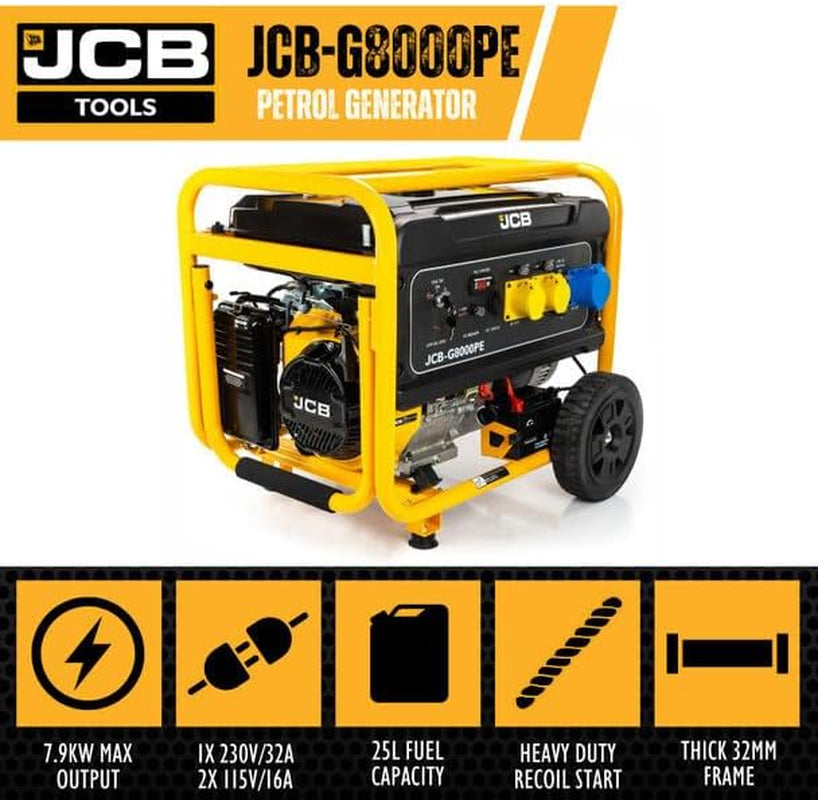7.9Kw 9.8Kva Petrol Generator, 457Cc 15HP Site Generator, 115V & 230V, Electric & Recoil Start, 25L Fuel Tank, Wheel Kit, 3 Year Warranty