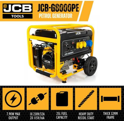 7.9Kw 9.8Kva Petrol Generator, 457Cc 15HP Site Generator, 115V & 230V, Electric & Recoil Start, 25L Fuel Tank, Wheel Kit, 3 Year Warranty