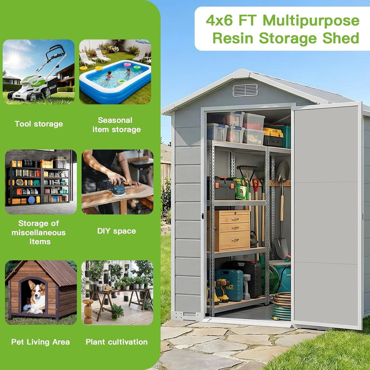 4×6 FT Plastic Shed with Floor, Garden Shed with Window