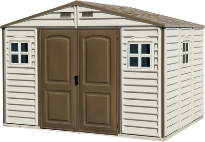 Woodside 10 X 8 (8.02 M2) Plastic Garden Shed with 3 Fixed Windows & Metal Foundation Kit, Strong Metal Roof Structure Fire Retardant and Maintenance-Free Storage Shed - Ivory/Brown