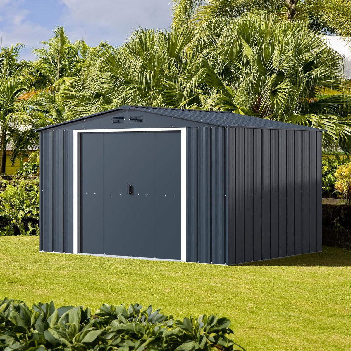 ECO 10 X 8 (7.80 M2) Metal Garden Storage Shed, Hot-Dipped Galvanized Metal Shed, Tool Storage Shed, Strong Reinforced Roof Structure, Maintenance-Free Metal Shed, Anthracite