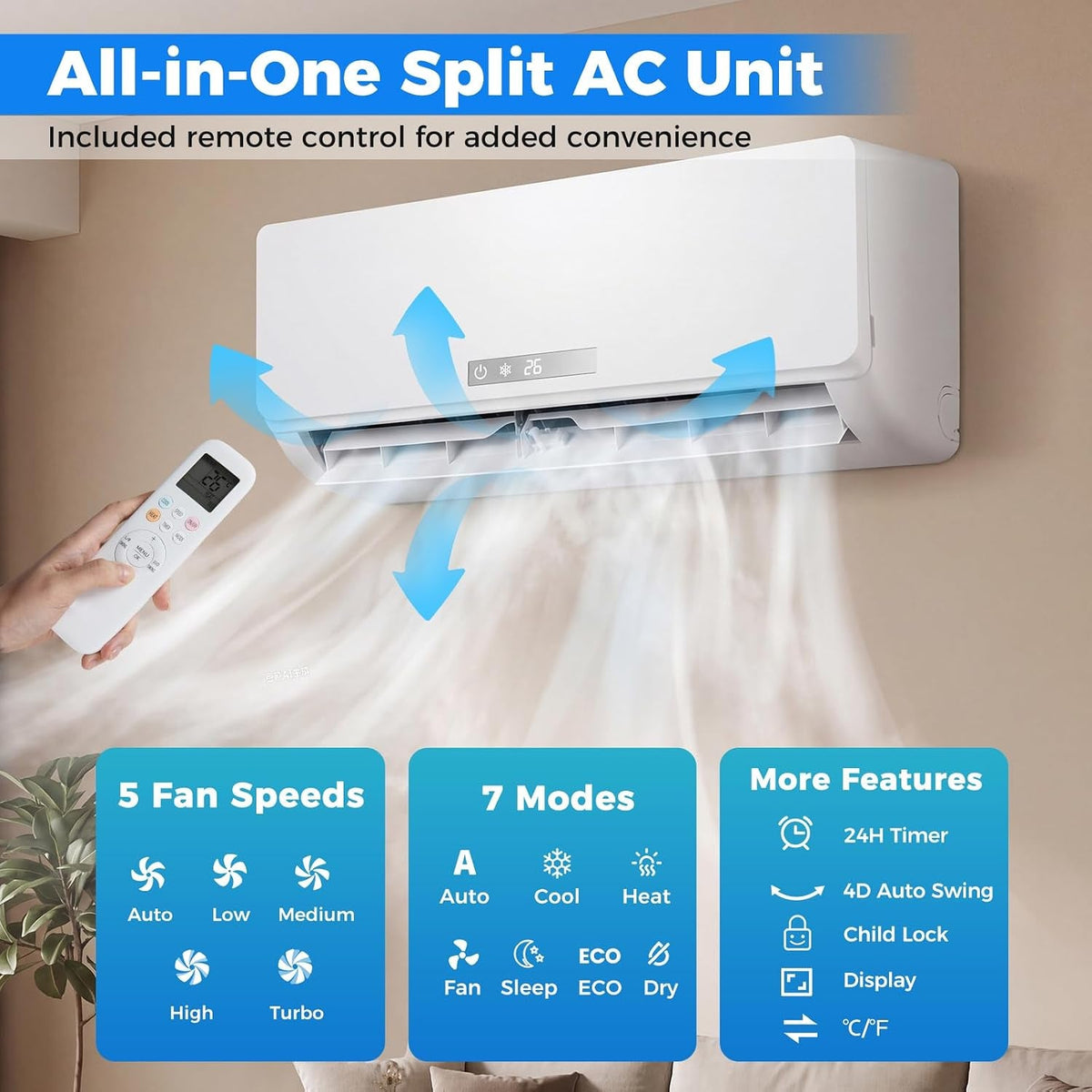 9000 BTU Air Conditioner Wall Split, 5 in 1 Air Conditioning Unit Heater Dehumidifier Air Purifier Fan with Heat Pump, Remote & Installation Kit, A++ Rating, Inverter, Wall AC Unit for 42㎡