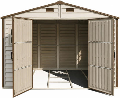 Woodside 10 X 8 (8.02 M2) Plastic Garden Shed with 3 Fixed Windows & Metal Foundation Kit, Strong Metal Roof Structure Fire Retardant and Maintenance-Free Storage Shed - Ivory/Brown