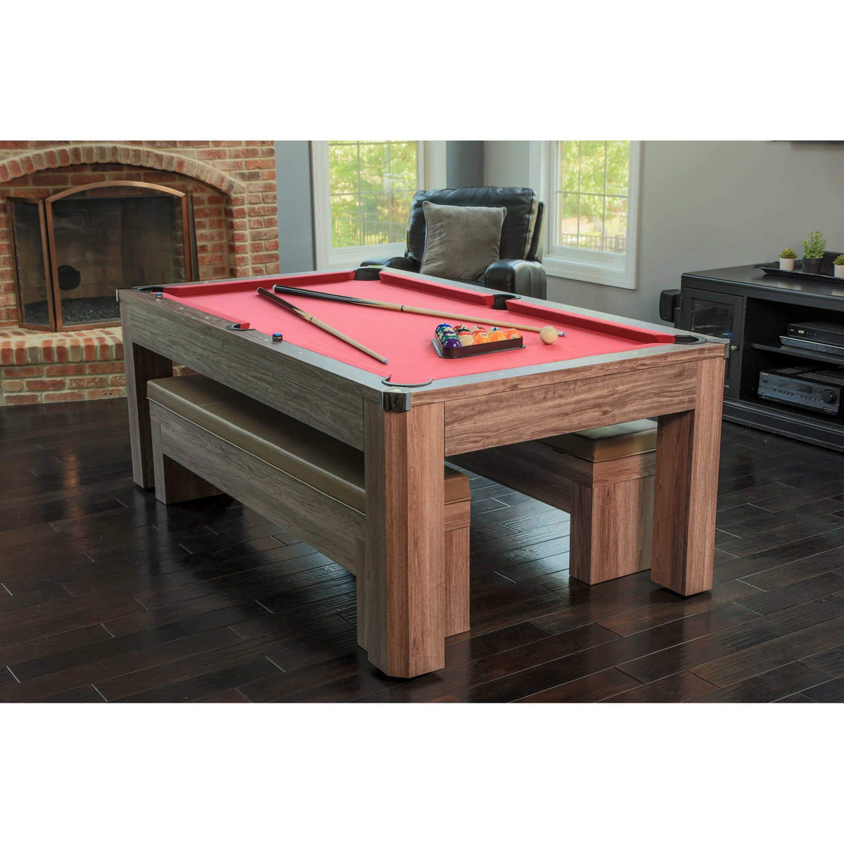 Hathaway Games Newport 7-ft Pool Table Combo Set with Benches in Light Oak