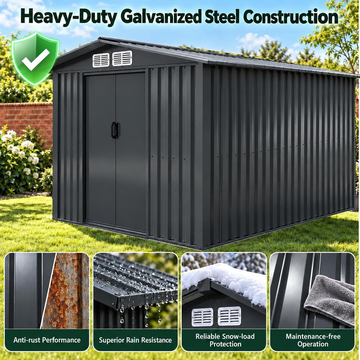 Metal Garden Shed 8 X 10Ft Heavy Duty Outdoor Storage Box Tool Shed