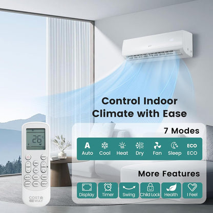9000 BTU Air Conditioner Wall Split, 5 in 1 Air Cooler Heater Dehumidifier Air Purifier Fan with Heat Pump & Remote Control, A++ Efficiency, 2.6 Kw, Inverter, Installation Kit Included
