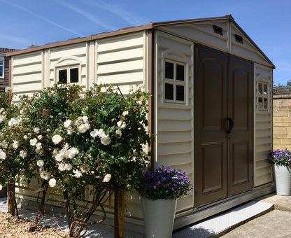 Woodside 10 X 8 (8.02 M2) Plastic Garden Shed with 3 Fixed Windows & Metal Foundation Kit, Strong Metal Roof Structure Fire Retardant and Maintenance-Free Storage Shed - Ivory/Brown