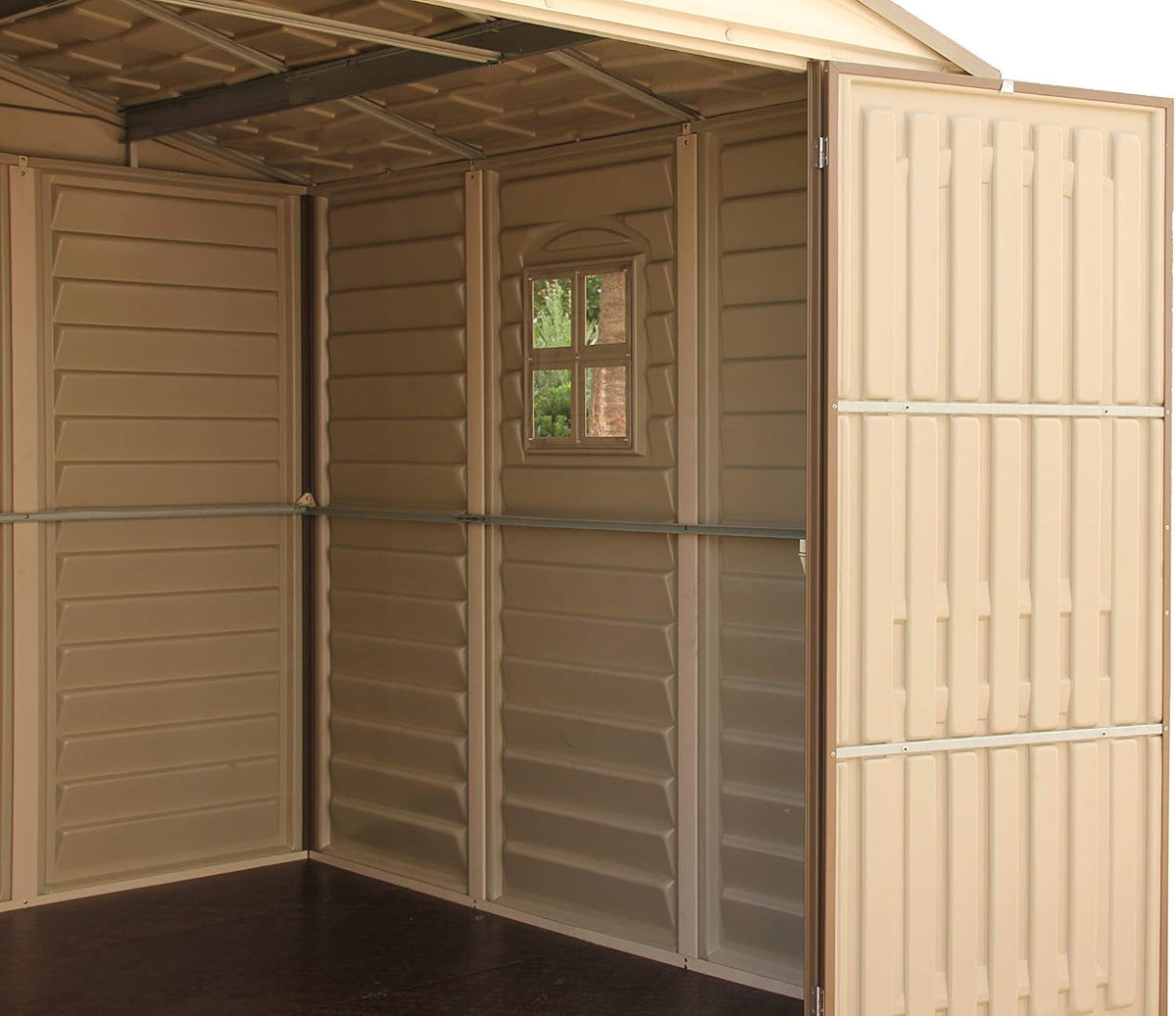 Woodside 10 X 8 (8.02 M2) Plastic Garden Shed with 3 Fixed Windows & Metal Foundation Kit, Strong Metal Roof Structure Fire Retardant and Maintenance-Free Storage Shed - Ivory/Brown