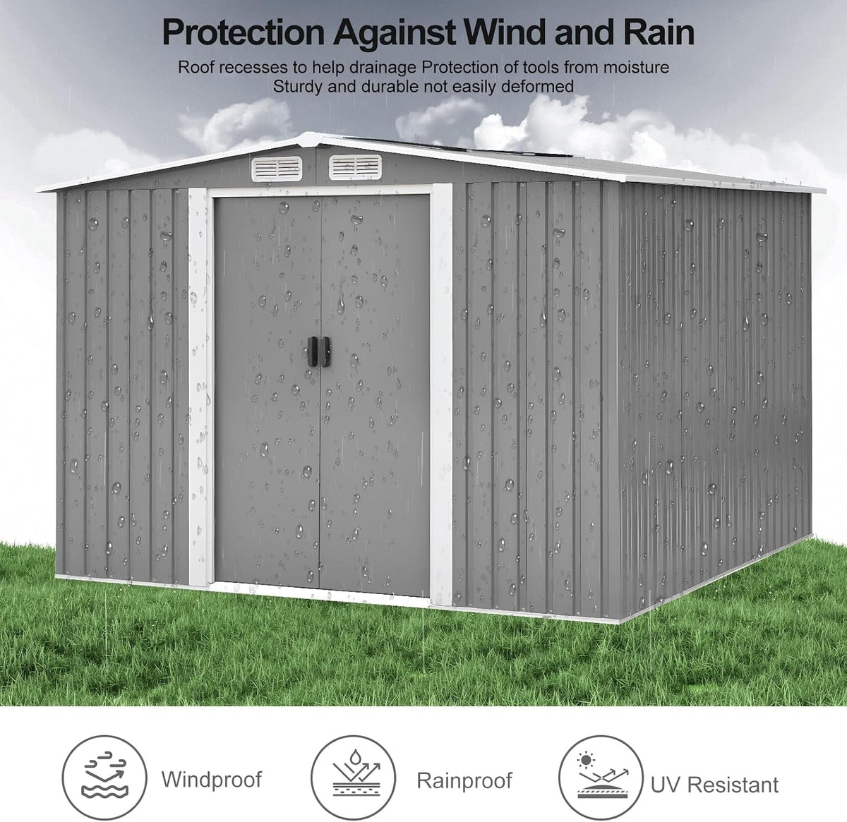 Metal Garden Shed Storage Sheds Heavy Duty Outdoor FREE Base Foundation Green/Grey Color (10X8 Grey)