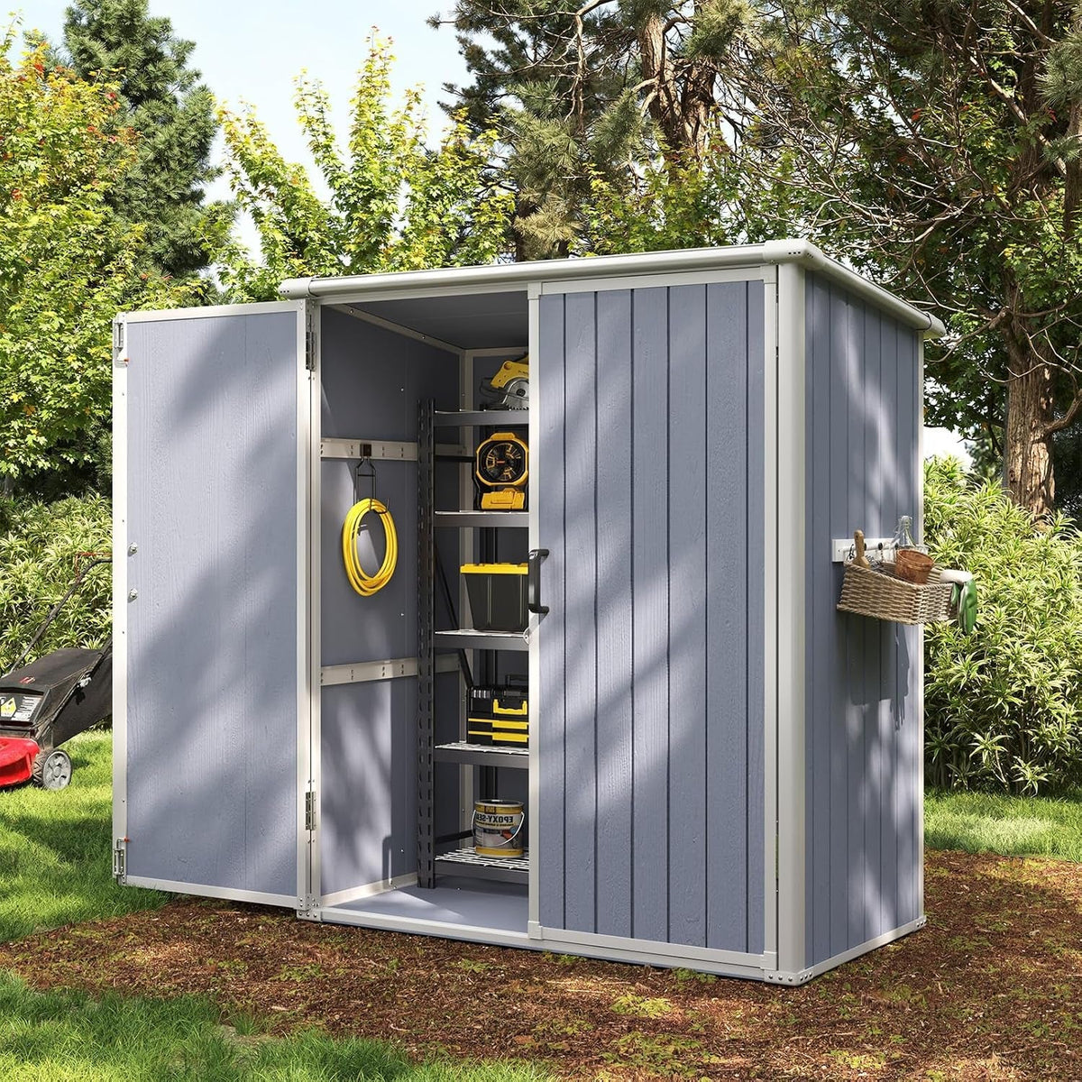 5 X 3 FT Outdoor Storage Shed, Resin Shed with Floor & Lockable Doors, Small Garden Shed Waterproof Plastic Tool Shed with Sloped Roof for Backyard, Garden, Patio, Lawn, Grey