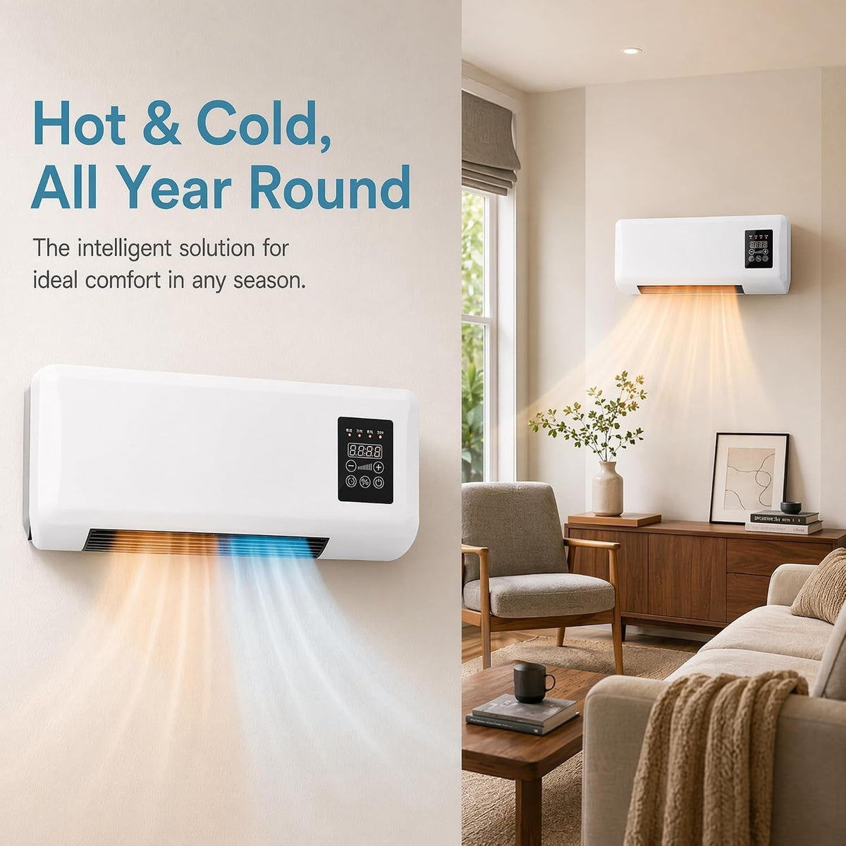 3-In-1 Ductless Portable Split Air Conditioner with Remote, Cool & Heat Fan | Wall Mounted, No Window, 42Db Quiet Operation, 24H Timer & Remote, 14000 BTU Bladeless Cool Heat Dehumidifier Fan